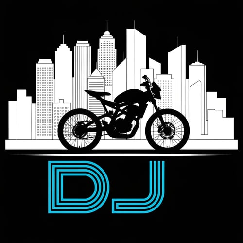 AI Design for Combine city skyline outline with a street bike silhouette and “DJ” written underneath in bold techno font. Represents both city and adventure rides.