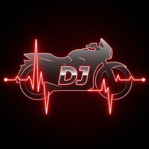 AI Design for A glowing heartbeat line forms the shape of a motorbike with “DJ” embedded in it, symbolizing the thrill and energy of biking. Use red and black tones with metallic highlights.
