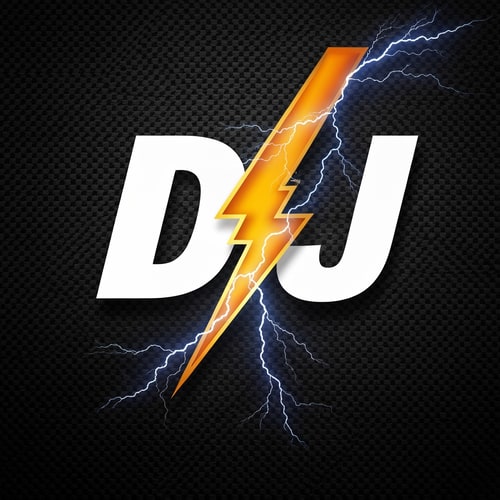 AI Design for A lightning bolt cuts through “DJ” to represent power and energy. Slight carbon-fiber texture background. Perfect for aggressive riding vibes.