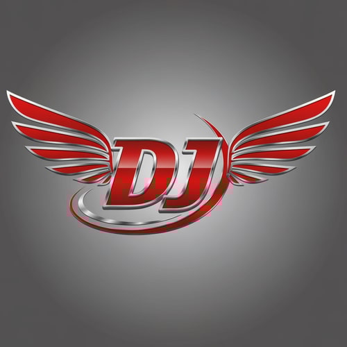 AI Design for Combine stylized wings extending from both sides of “DJ,” where the “J” curves like a racing road. Metallic silver and red palette.