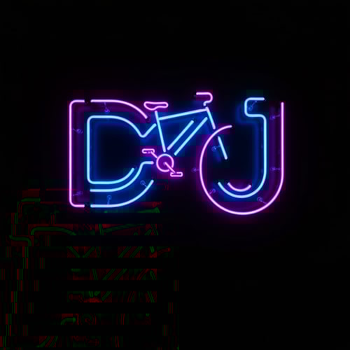 AI Design for The letters “DJ” are made of neon tubes forming a bike outline. Blue and purple neon lights glow against a matte black background, evoking night rides.