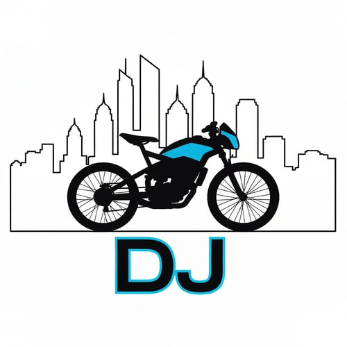 AI Design for Combine city skyline outline with a street bike silhouette and “DJ” written underneath in bold techno font. Represents both city and adventure rides.