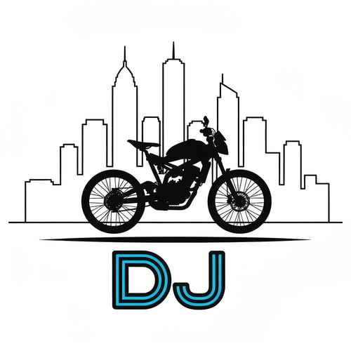 AI Design for Combine city skyline outline with a street bike silhouette and “DJ” written underneath in bold techno font. Represents both city and adventure rides.