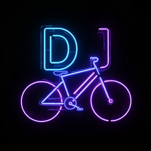 AI Design for The letters “DJ” are made of neon tubes forming a bike outline. Blue and purple neon lights glow against a matte black background, evoking night rides.