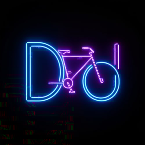 AI Design for The letters “DJ” are made of neon tubes forming a bike outline. Blue and purple neon lights glow against a matte black background, evoking night rides.
