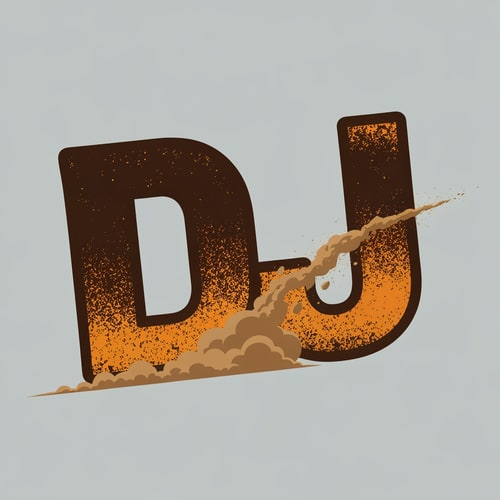 AI Design for “DJ” written in bold, rough-textured font with a dust trail flying off it, as if a dirt bike just accelerated past. Brown, orange, and grey theme.