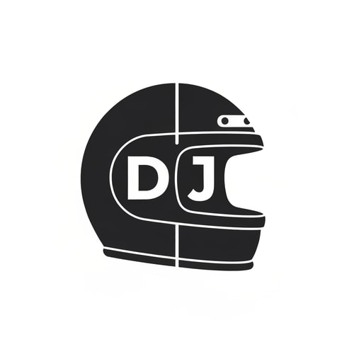 AI Design for Simple icon: a helmet silhouette merged with “DJ” initials inside it. Clean vector style, good for stickers and thumbnails.