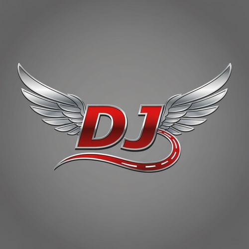AI Design for Combine stylized wings extending from both sides of “DJ,” where the “J” curves like a racing road. Metallic silver and red palette.