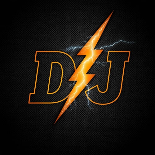 AI Design for A lightning bolt cuts through “DJ” to represent power and energy. Slight carbon-fiber texture background. Perfect for aggressive riding vibes.