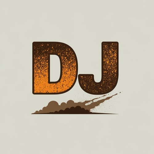 AI Design for “DJ” written in bold, rough-textured font with a dust trail flying off it, as if a dirt bike just accelerated past. Brown, orange, and grey theme.