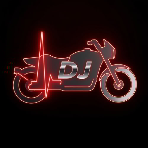 AI Design for A glowing heartbeat line forms the shape of a motorbike with “DJ” embedded in it, symbolizing the thrill and energy of biking. Use red and black tones with metallic highlights.