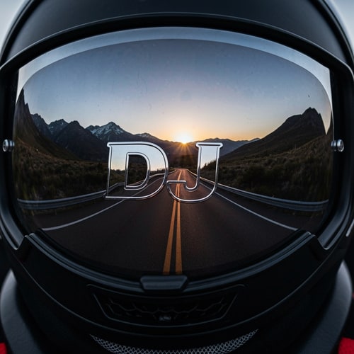 AI Design for Show a helmet visor reflection where “DJ” appears in chrome, with mountain roads and sunset seen inside the visor. Bold, cinematic, and adventurous.
