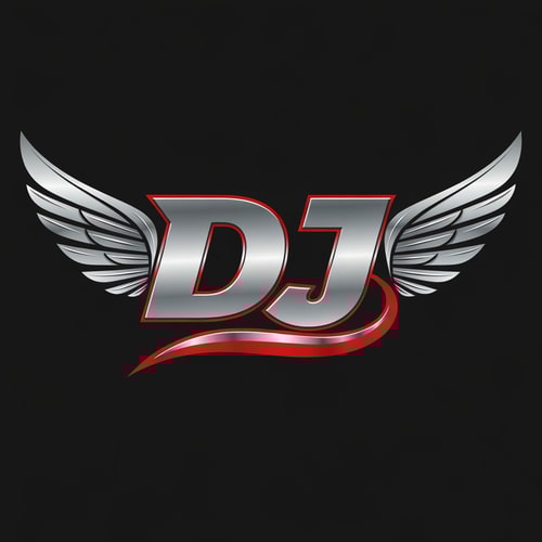 AI Design for Combine stylized wings extending from both sides of “DJ,” where the “J” curves like a racing road. Metallic silver and red palette.