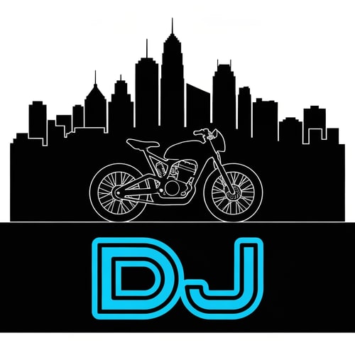 AI Design for Combine city skyline outline with a street bike silhouette and “DJ” written underneath in bold techno font. Represents both city and adventure rides.