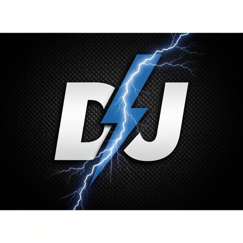 AI Design for A lightning bolt cuts through “DJ” to represent power and energy. Slight carbon-fiber texture background. Perfect for aggressive riding vibes.