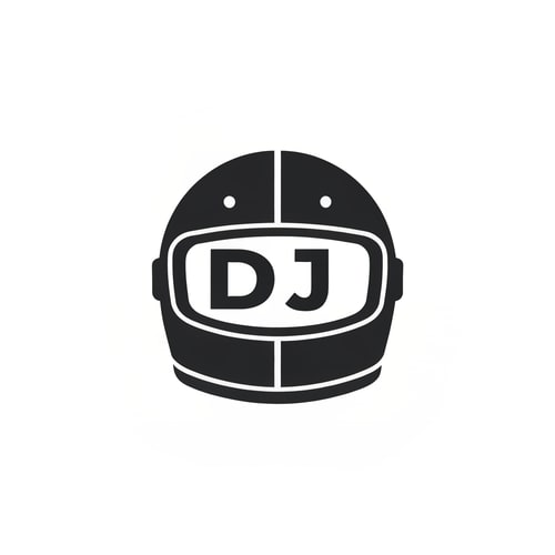 AI Design for Simple icon: a helmet silhouette merged with “DJ” initials inside it. Clean vector style, good for stickers and thumbnails.