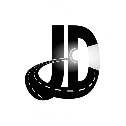 AI Design for The letter “J” forms a curved road fading into distance with dashed white lines. Behind it, “D” shaped like a bike’s front headlight beam.