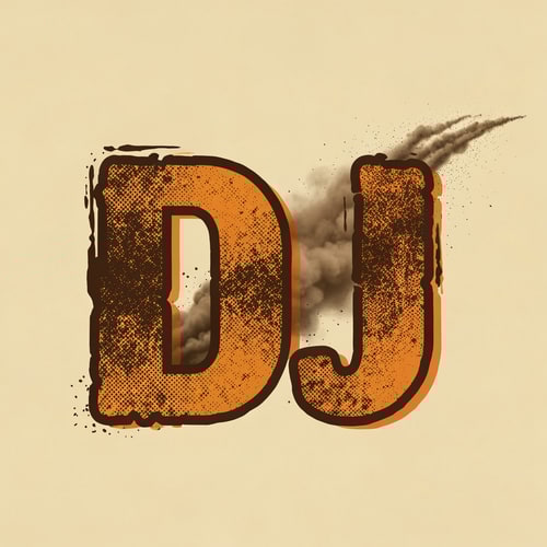 AI Design for “DJ” written in bold, rough-textured font with a dust trail flying off it, as if a dirt bike just accelerated past. Brown, orange, and grey theme.