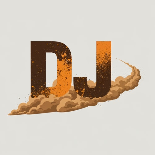 AI Design for “DJ” written in bold, rough-textured font with a dust trail flying off it, as if a dirt bike just accelerated past. Brown, orange, and grey theme.