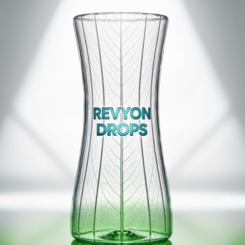 AI Design for A sleek transparent bottle with a gentle hourglass curve and embossed leaf veins running vertically inside the plastic texture. The logo “Revyon Drops” floats in metallic aqua gradient letters at the center. The background shows soft white studio lighting with reflections emphasizing freshness and sustainability. Minimal green tint near the base symbolizes natural minerals.