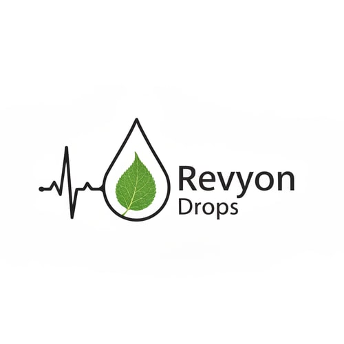 AI Design for A stylized ECG heartbeat line transitions into the outline of a droplet. Inside it, a faint leaf texture blends with flowing lines. “Revyon Drops” appears right-aligned, with the word “Drops” smaller and spaced out elegantly. The theme reflects wellness and natural rhythm.