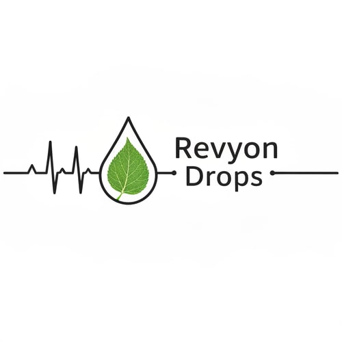 AI Design for A stylized ECG heartbeat line transitions into the outline of a droplet. Inside it, a faint leaf texture blends with flowing lines. “Revyon Drops” appears right-aligned, with the word “Drops” smaller and spaced out elegantly. The theme reflects wellness and natural rhythm.