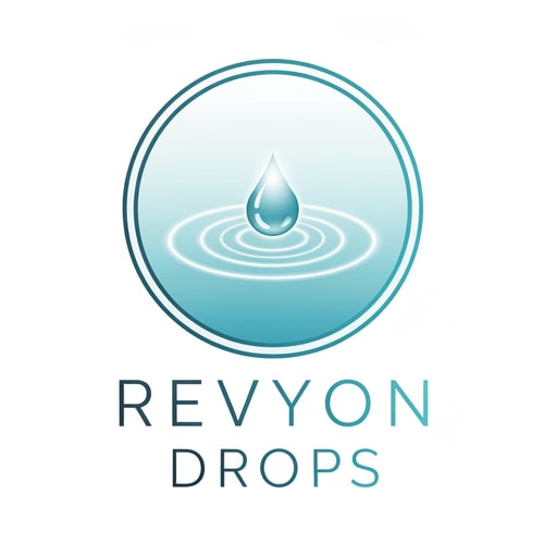 AI Design for Show a circular emblem symbolizing continuous hydration. Inside, a central droplet emits soft glowing rings like ripples in water. The text “Revyon Drops” sits below in thin uppercase letters with a clean silver-aqua gradient. The look should feel calm, medical-grade, and premium.