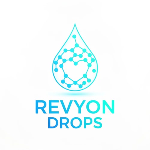 AI Design for Create a futuristic logo showing a glowing droplet made of small interconnected molecular dots. The molecules subtly form the shape of a heart inside, representing health. Beneath, “Revyon Drops” in bold geometric font with gradient from sky blue to turquoise, balanced and minimal on a white background.