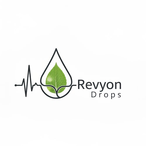 AI Design for A stylized ECG heartbeat line transitions into the outline of a droplet. Inside it, a faint leaf texture blends with flowing lines. “Revyon Drops” appears right-aligned, with the word “Drops” smaller and spaced out elegantly. The theme reflects wellness and natural rhythm.