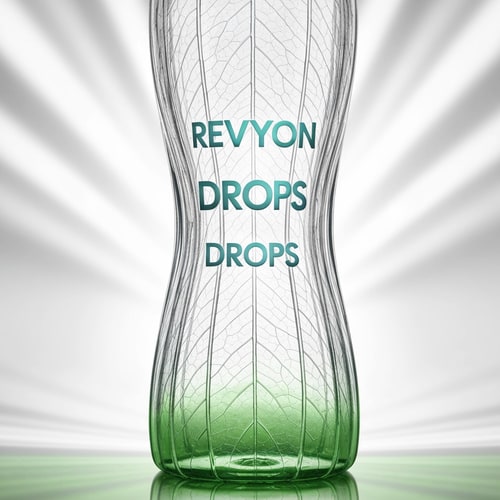 AI Design for A sleek transparent bottle with a gentle hourglass curve and embossed leaf veins running vertically inside the plastic texture. The logo “Revyon Drops” floats in metallic aqua gradient letters at the center. The background shows soft white studio lighting with reflections emphasizing freshness and sustainability. Minimal green tint near the base symbolizes natural minerals.