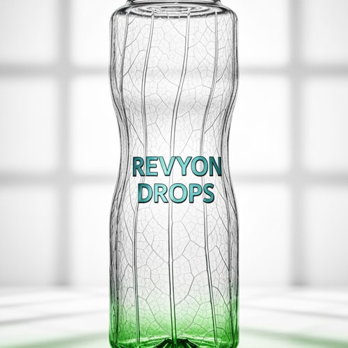 AI Design for A sleek transparent bottle with a gentle hourglass curve and embossed leaf veins running vertically inside the plastic texture. The logo “Revyon Drops” floats in metallic aqua gradient letters at the center. The background shows soft white studio lighting with reflections emphasizing freshness and sustainability. Minimal green tint near the base symbolizes natural minerals.