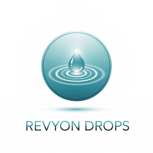 AI Design for Show a circular emblem symbolizing continuous hydration. Inside, a central droplet emits soft glowing rings like ripples in water. The text “Revyon Drops” sits below in thin uppercase letters with a clean silver-aqua gradient. The look should feel calm, medical-grade, and premium.