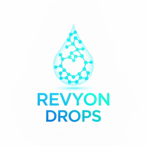 AI Design for Create a futuristic logo showing a glowing droplet made of small interconnected molecular dots. The molecules subtly form the shape of a heart inside, representing health. Beneath, “Revyon Drops” in bold geometric font with gradient from sky blue to turquoise, balanced and minimal on a white background.