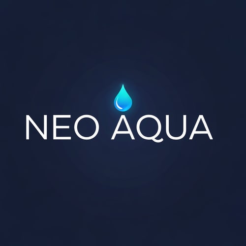 AI Design for Design a sleek, modern logo where the name “NEO AQUA” reflects futuristic purity. Use smooth sans-serif typography with clean spacing. Integrate a glowing aqua-blue droplet above or within the O, representing advanced filtration and clarity. The color palette should combine deep navy (#042A4A) with bright aqua gradients (#3FD5F5) for a crisp, premium feel. Style must suggest innovation and trust.