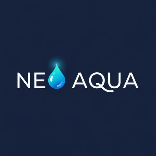 AI Design for Design a sleek, modern logo where the name “NEO AQUA” reflects futuristic purity. Use smooth sans-serif typography with clean spacing. Integrate a glowing aqua-blue droplet above or within the O, representing advanced filtration and clarity. The color palette should combine deep navy (#042A4A) with bright aqua gradients (#3FD5F5) for a crisp, premium feel. Style must suggest innovation and trust.