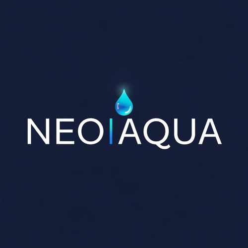 AI Design for Design a sleek, modern logo where the name “NEO AQUA” reflects futuristic purity. Use smooth sans-serif typography with clean spacing. Integrate a glowing aqua-blue droplet above or within the O, representing advanced filtration and clarity. The color palette should combine deep navy (#042A4A) with bright aqua gradients (#3FD5F5) for a crisp, premium feel. Style must suggest innovation and trust.