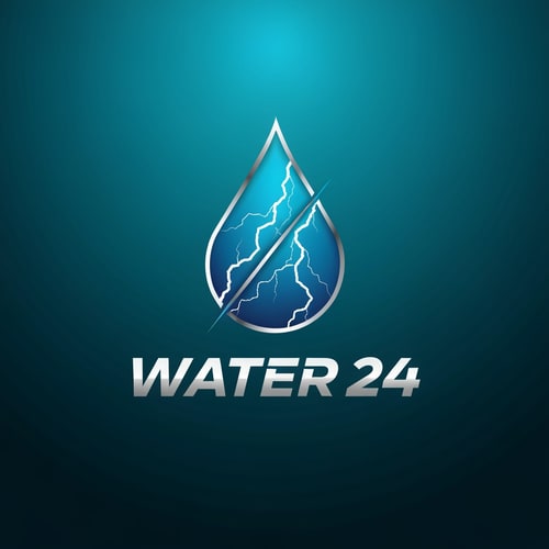 AI Design for Design a bold emblem logo for WATER 24 shaped like a power droplet created using two diagonal lightning strokes.
Place “WATER 24” below the emblem in a high-tech, sharp sans-serif font.
Style: energetic, strong, modern.
Color palette: electric blue, metallic silver, white.
Make it suitable for premium bottle labels.
Background: deep aqua with subtle shine.