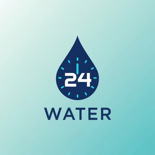 AI Design for Create a modern logo for WATER 24 using a water drop shaped like a clock.
Inside the drop, place “24” using a bold, techno-style number design.
Outside the icon, add WATER in a clean, balanced wordmark.
Style: minimal, futuristic, premium hydration brand.
Use blues, cyan, and white.
Simple geometry, perfect symmetry, print-ready.
Background: soft aqua gradient.