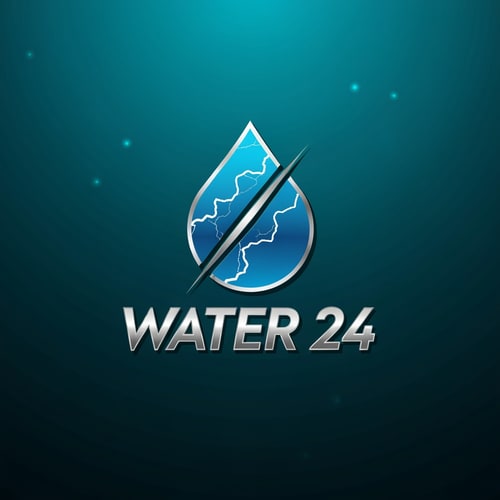 AI Design for Design a bold emblem logo for WATER 24 shaped like a power droplet created using two diagonal lightning strokes.
Place “WATER 24” below the emblem in a high-tech, sharp sans-serif font.
Style: energetic, strong, modern.
Color palette: electric blue, metallic silver, white.
Make it suitable for premium bottle labels.
Background: deep aqua with subtle shine.