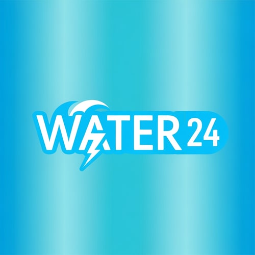 AI Design for Design a high-impact logo for WATER 24.
Replace the “A” in WATER with a stylized wave + lightning hybrid symbol.
“24” sits beside WATER inside a small electric capsule shape.
Typography: clean, sharp, electro-tech.
Colors: dual-tone aqua and bright electric blue.
Finish: ultra-modern vector, perfect for bottle packaging.
Background: aqua-blue vertical gradient.
