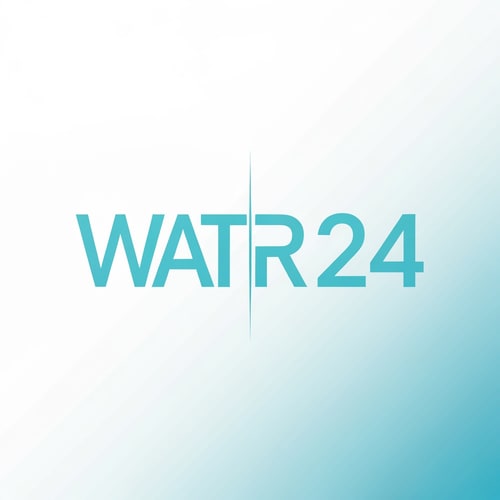 AI Design for Create a modern wordmark for WATER 24 separated by a vertical lightning bar.
Left side: WATER in strong geometric typography.
Right side: “24” in a sharp tech-numeric style.
Minimal, clean, and powerful brand presence.
Use aqua-blue colors with white tones.
Vector, high contrast, suitable for packaging.
Background: clean white or soft blue gradient.