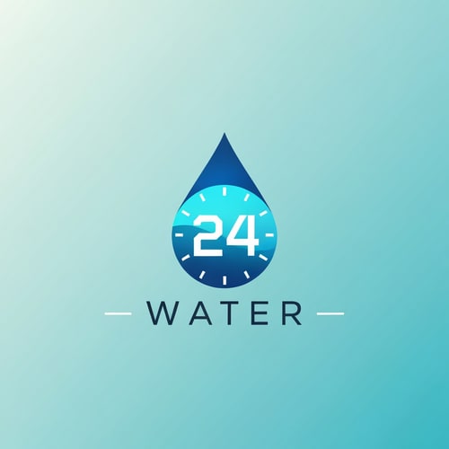 AI Design for Create a modern logo for WATER 24 using a water drop shaped like a clock.
Inside the drop, place “24” using a bold, techno-style number design.
Outside the icon, add WATER in a clean, balanced wordmark.
Style: minimal, futuristic, premium hydration brand.
Use blues, cyan, and white.
Simple geometry, perfect symmetry, print-ready.
Background: soft aqua gradient.