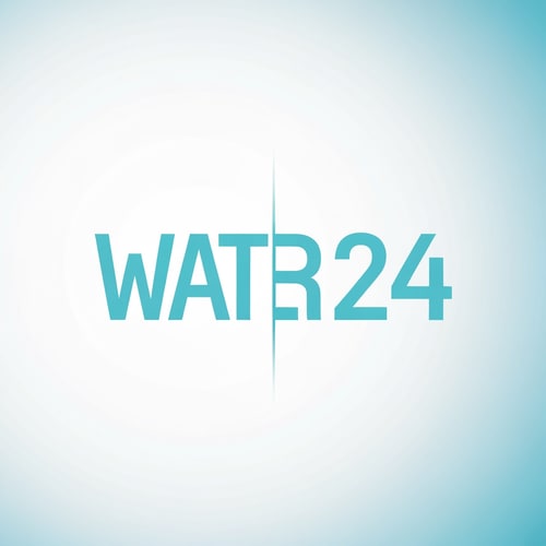 AI Design for Create a modern wordmark for WATER 24 separated by a vertical lightning bar.
Left side: WATER in strong geometric typography.
Right side: “24” in a sharp tech-numeric style.
Minimal, clean, and powerful brand presence.
Use aqua-blue colors with white tones.
Vector, high contrast, suitable for packaging.
Background: clean white or soft blue gradient.
