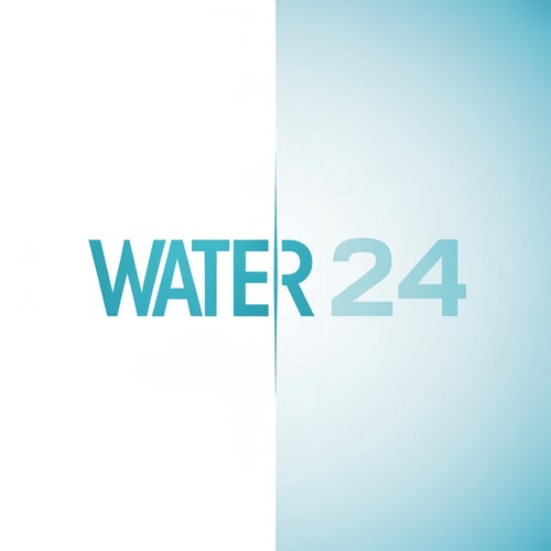 AI Design for Create a modern wordmark for WATER 24 separated by a vertical lightning bar.
Left side: WATER in strong geometric typography.
Right side: “24” in a sharp tech-numeric style.
Minimal, clean, and powerful brand presence.
Use aqua-blue colors with white tones.
Vector, high contrast, suitable for packaging.
Background: clean white or soft blue gradient.