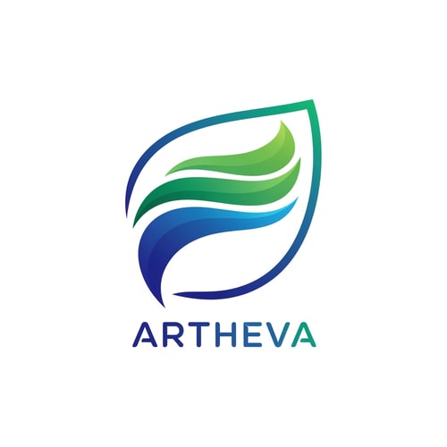 AI Design for Design a modern logo for ARTHEVA where an abstract leaf-shaped outline encloses smooth flowing curves representing purified water movement. No droplet tip, no bottle shape. The inner flow lines should feel soft and fresh. Use gradient tones of deep blue + fresh green. Typography clean, rounded sans-serif, lowercase or mixed case. White background, flat vector, scalable for labels.