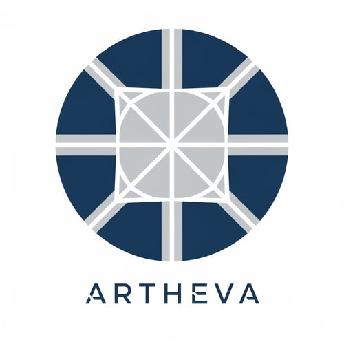 AI Design for Design a premium abstract logo for ARTHEVA using a circular form split into clean geometric segments. No water, no bottle, no droplet. Use symmetry and negative space to represent origin and precision. Color palette: deep blue + soft silver. Flat vector style, scalable, luxury corporate identity. Minimal typography, modern sans-serif wordmark.