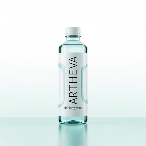 AI Design for Create a high-end studio product image of an ARTHEVA packaged drinking water bottle, standing upright on a subtle reflective surface. Bottle design is clean and modern with soft aqua-blue tones, transparent PET bottle, minimal typography, and a matte white cap. Background is light gradient (white to pale aqua), soft studio lighting from both sides, gentle reflections, no harsh shadows. Label design uses thin serif + modern sans font combination, premium spacing, no clutter. Overall feel: pure, calm, clinical-grade cleanliness. 4K, commercial photography style, print-ready.