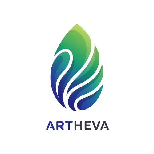 AI Design for Design a modern logo for ARTHEVA where an abstract leaf-shaped outline encloses smooth flowing curves representing purified water movement. No droplet tip, no bottle shape. The inner flow lines should feel soft and fresh. Use gradient tones of deep blue + fresh green. Typography clean, rounded sans-serif, lowercase or mixed case. White background, flat vector, scalable for labels.
