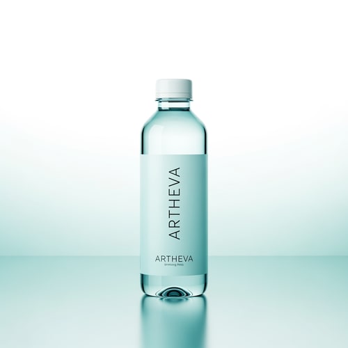 AI Design for Create a high-end studio product image of an ARTHEVA packaged drinking water bottle, standing upright on a subtle reflective surface. Bottle design is clean and modern with soft aqua-blue tones, transparent PET bottle, minimal typography, and a matte white cap. Background is light gradient (white to pale aqua), soft studio lighting from both sides, gentle reflections, no harsh shadows. Label design uses thin serif + modern sans font combination, premium spacing, no clutter. Overall feel: pure, calm, clinical-grade cleanliness. 4K, commercial photography style, print-ready.
