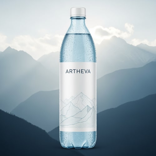 AI Design for Create a realistic product composition featuring an ARTHEVA water bottle placed in front of a stylized Himalayan mountain illustration. Cool blue and white palette. Bottle remains realistic and sharp, foreground focus. Background is soft, misty mountains with sunlight rays. Water droplets on bottle surface for freshness. Clean premium label with subtle mountain line-art. Natural daylight lighting, cinematic depth, eco-pure mood, high resolution, advertising quality.